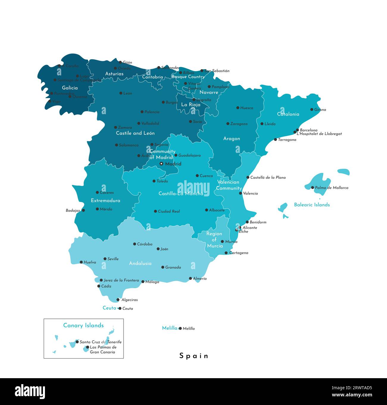 Vektor-isolierte Abbildung. Vereinfachte Verwaltungskarte Spaniens (einschließlich Balearen, Kanarische Inseln, Melilla, Ceuta). Weißer Hintergrund. Namen von Stock Vektor