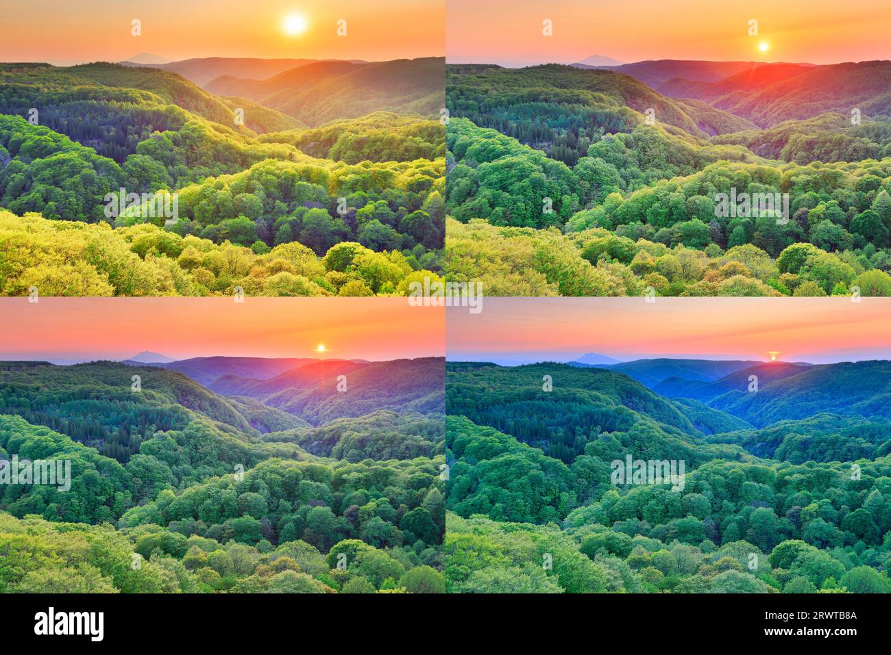 Das frische Grün des Jogakura Valley, Mt. Iwaki und die untergehende Sonne von der Jogakura Ohashi Brücke aus gesehen Stockfoto