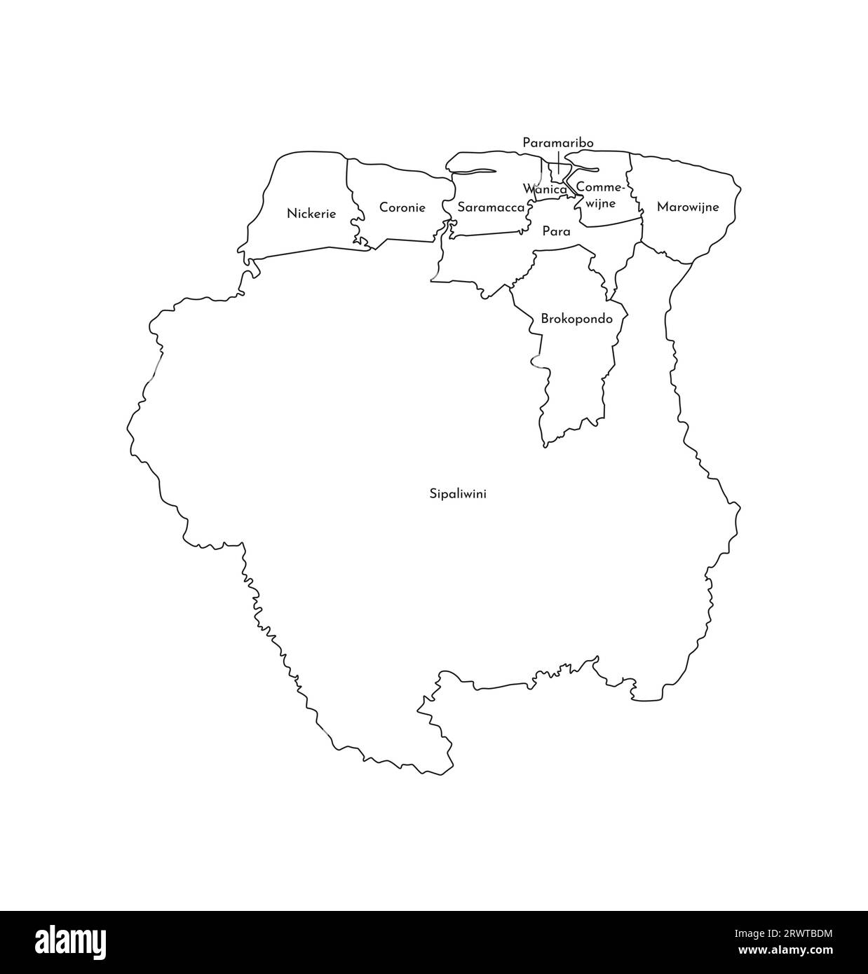 Vektorisolierte Darstellung einer vereinfachten Verwaltungskarte von Suriname. Grenzen und Namen der Bezirke (Regionen). Silhouetten mit schwarzen Linien. Stock Vektor