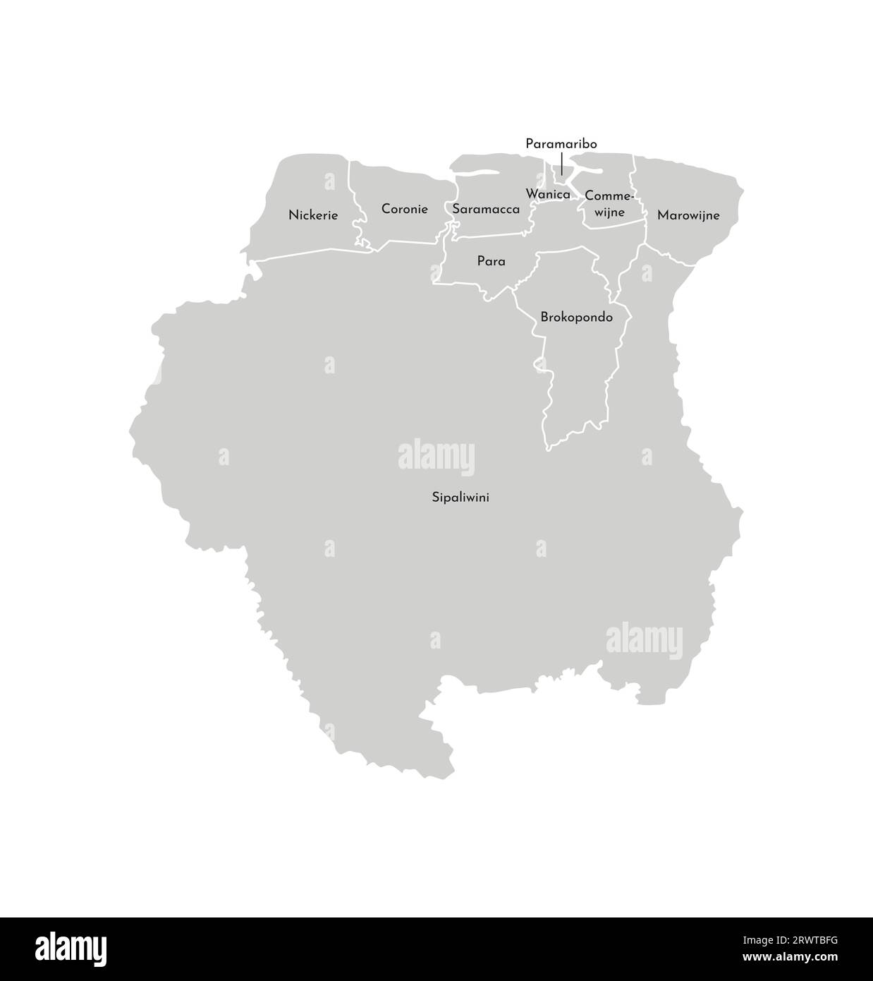 Vektorisolierte Darstellung einer vereinfachten Verwaltungskarte von Suriname. Grenzen und Namen der Bezirke (Regionen). Graue Silhouetten. Weiße Omelettes Stock Vektor