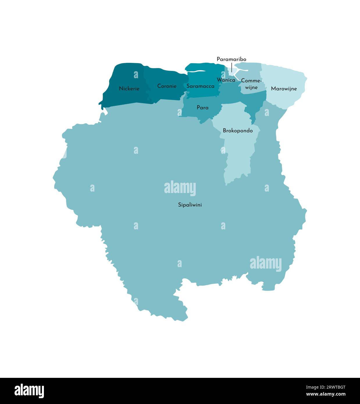 Vektorisolierte Darstellung einer vereinfachten Verwaltungskarte von Suriname. Grenzen und Namen der Bezirke (Regionen). Farbenfroher khakifarbener Silhouett Stock Vektor