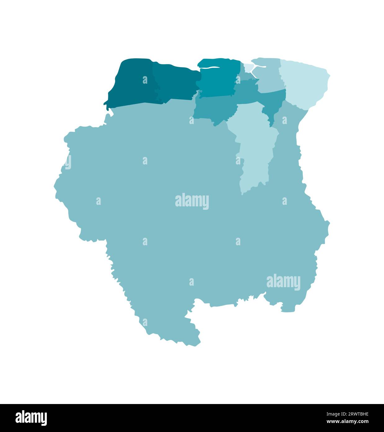 Vektorisolierte Darstellung einer vereinfachten Verwaltungskarte von Suriname. Grenzen der Bezirke (Regionen). Farbenfrohe, khakifarbene Silhouetten. Stock Vektor
