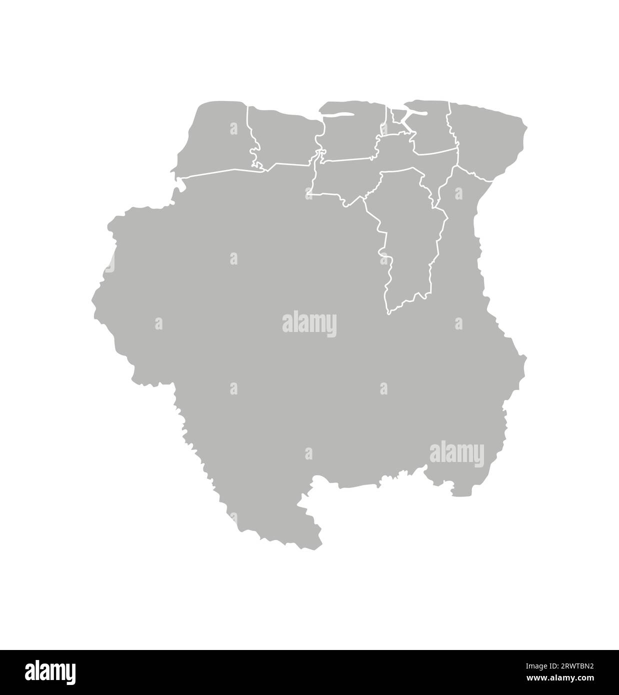 Vektorisolierte Darstellung einer vereinfachten Verwaltungskarte von Suriname. Grenzen der Bezirke (Regionen). Graue Silhouetten. Weiße Umrandung. Stock Vektor