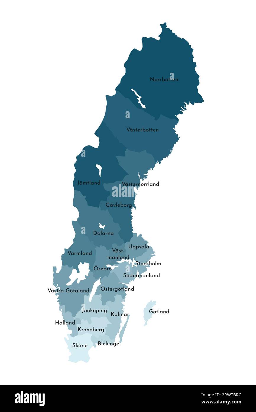 Vektorisolierte Darstellung einer vereinfachten Verwaltungskarte Schwedens. Grenzen und Namen der Bezirke. Farbenfrohe, khakifarbene Silhouetten. Stock Vektor