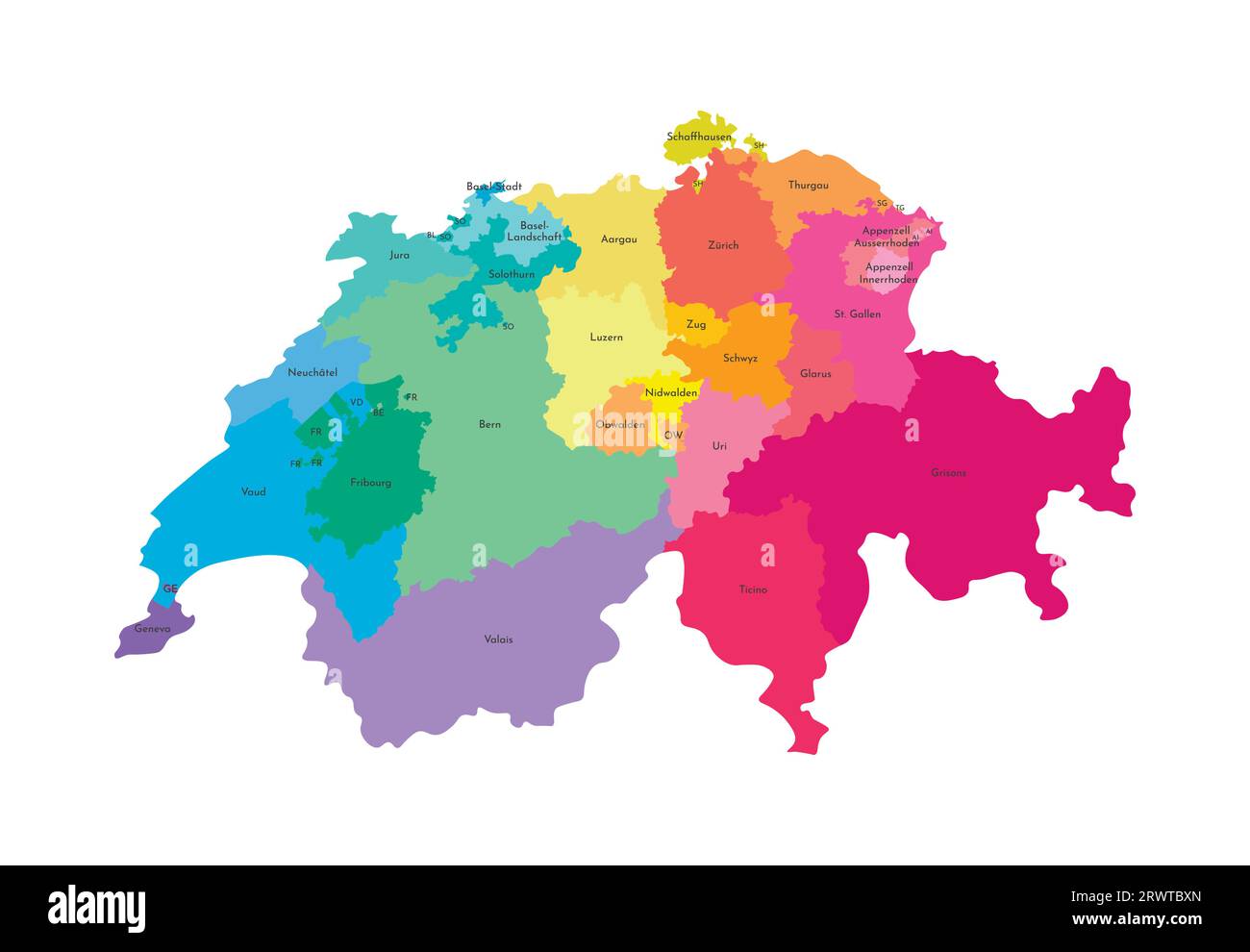 Vektorisolierte Darstellung einer vereinfachten Verwaltungskarte der Schweiz. Grenzen und Namen der Regionen. Mehrfarbige Silhouetten. Stock Vektor