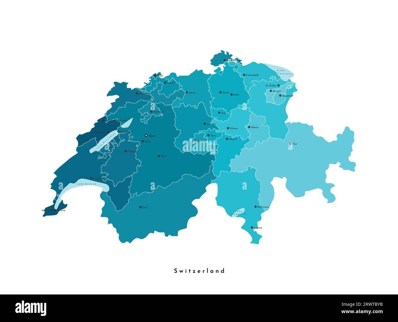 Vector moderne isolierte Illustration. Vereinfachte administrative Blaue Karte der Schweiz. Hellblaue Formen von Seen. Namen der schweizer Städte und Regionen Stock Vektor