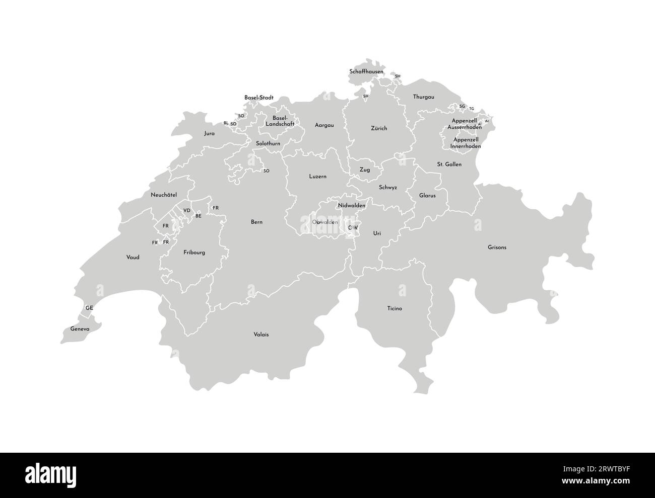 Vektorisolierte Darstellung einer vereinfachten Verwaltungskarte der Schweiz. Grenzen und Namen der Provinzen (Regionen). Graue Silhouetten. Weiß Stock Vektor