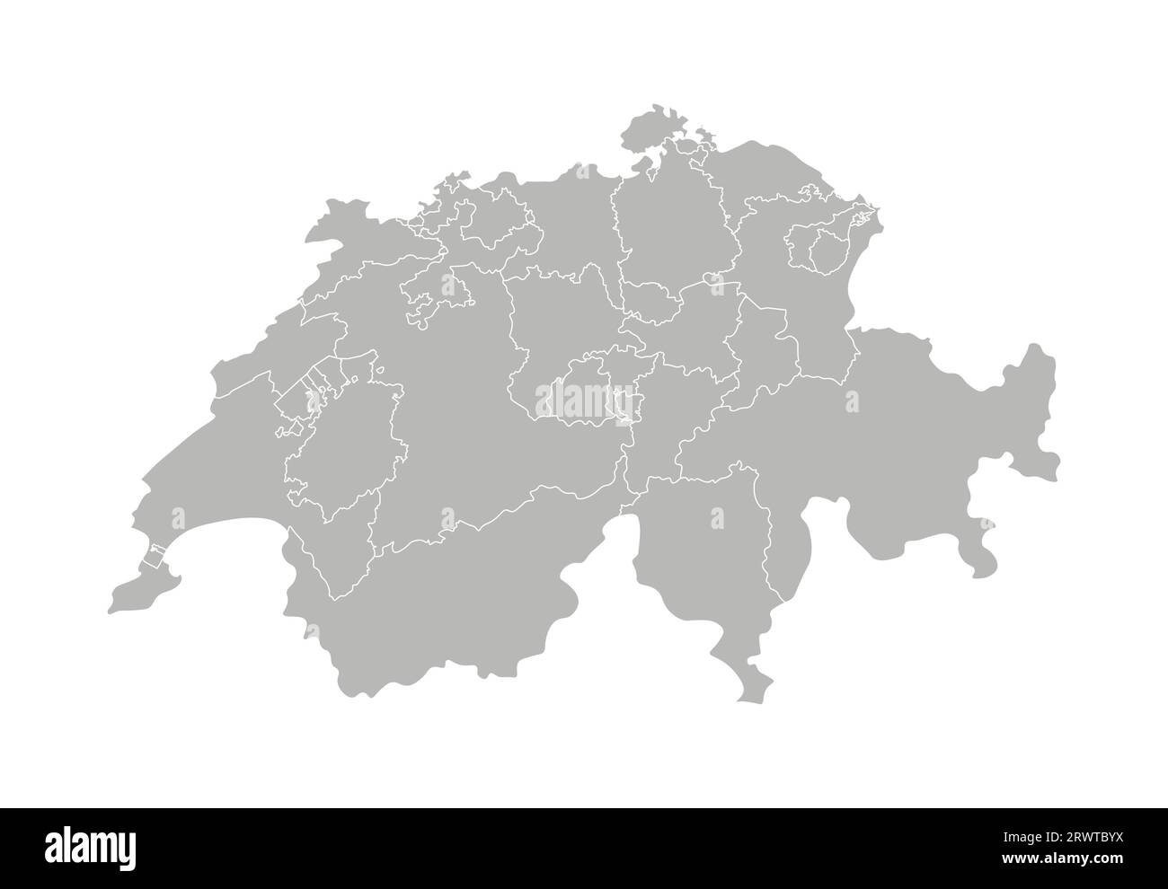 Vektorisolierte Darstellung einer vereinfachten Verwaltungskarte der Schweiz. Grenzen der Provinzen (Regionen). Graue Silhouetten. Weiße Umrandung. Stock Vektor