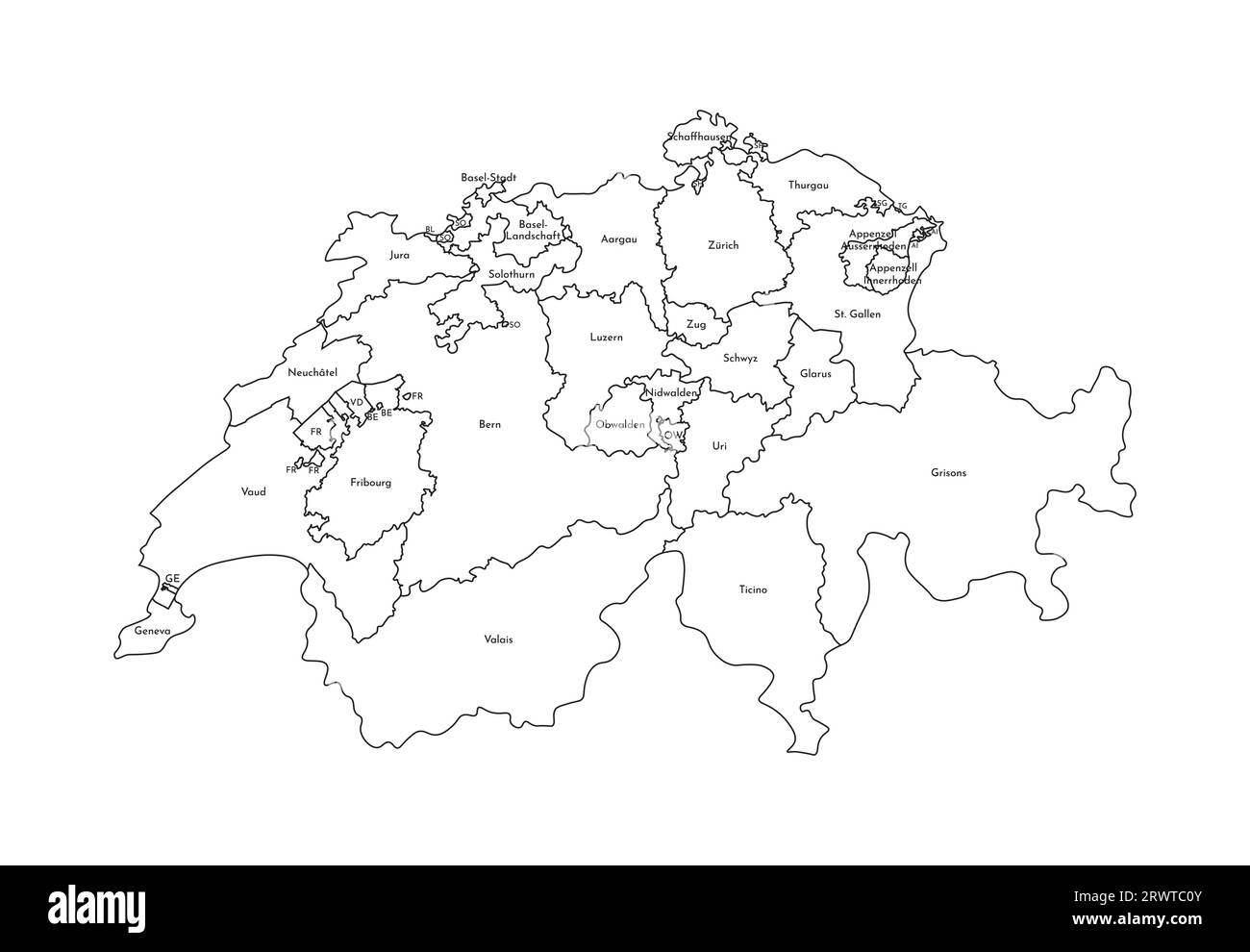 Vektorisolierte Darstellung einer vereinfachten Verwaltungskarte der Schweiz. Grenzen und Namen der Regionen. Silhouetten mit schwarzen Linien. Stock Vektor
