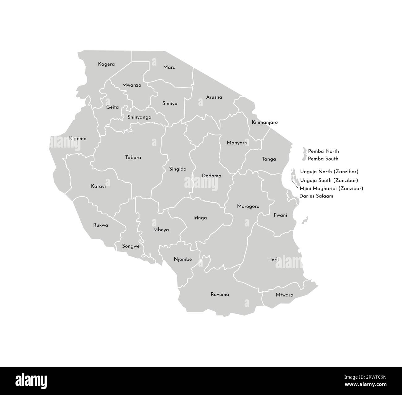 Vektorisolierte Darstellung einer vereinfachten Verwaltungskarte Tansanias. Grenzen und Namen der Regionen. Graue Silhouetten. Weiße Umrandung. Stock Vektor