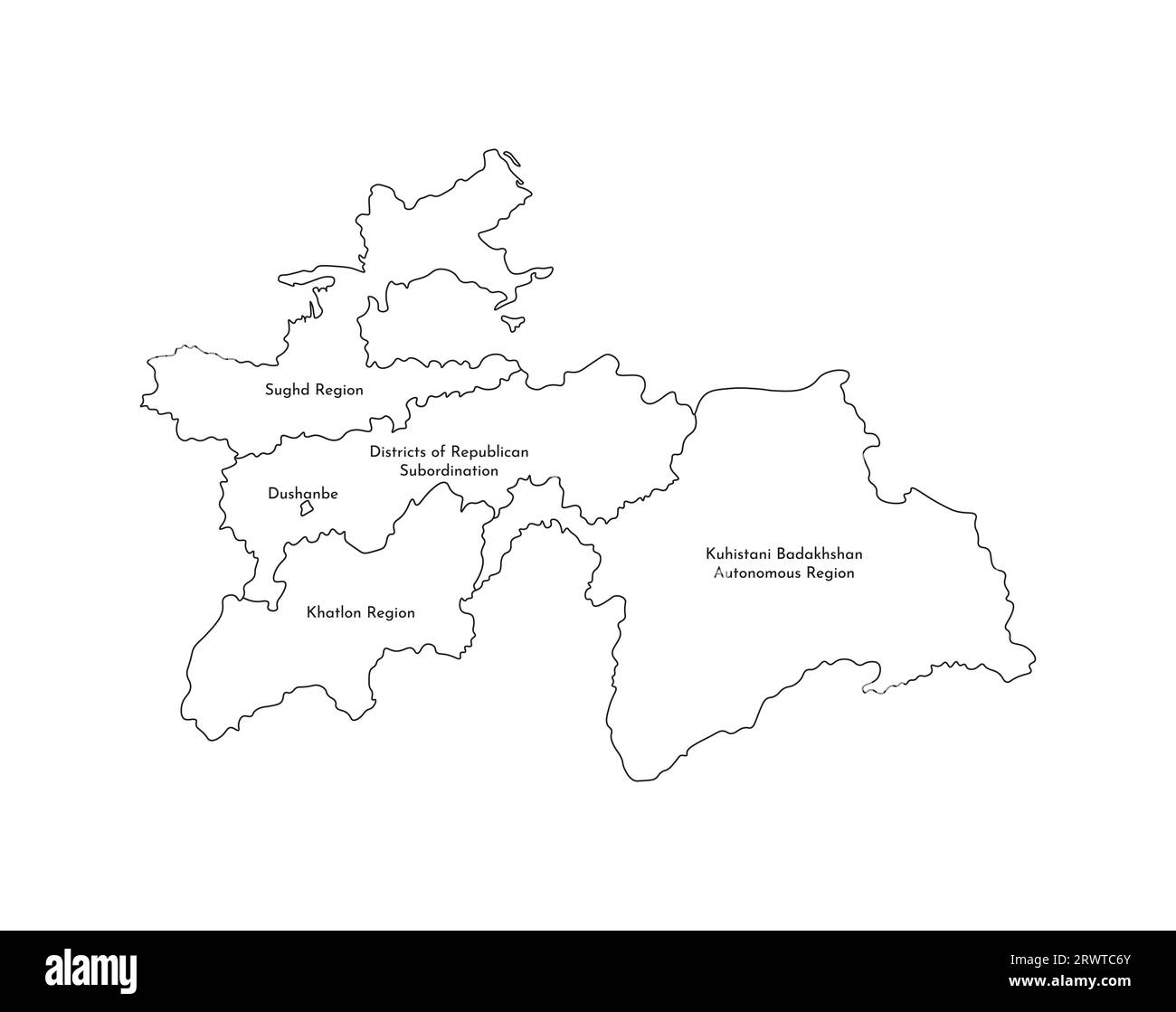 Vektor-isolierte Illustration einer vereinfachten Verwaltungskarte Tadschikistans. Grenzen und Namen der Regionen. Silhouetten mit schwarzen Linien. Stock Vektor