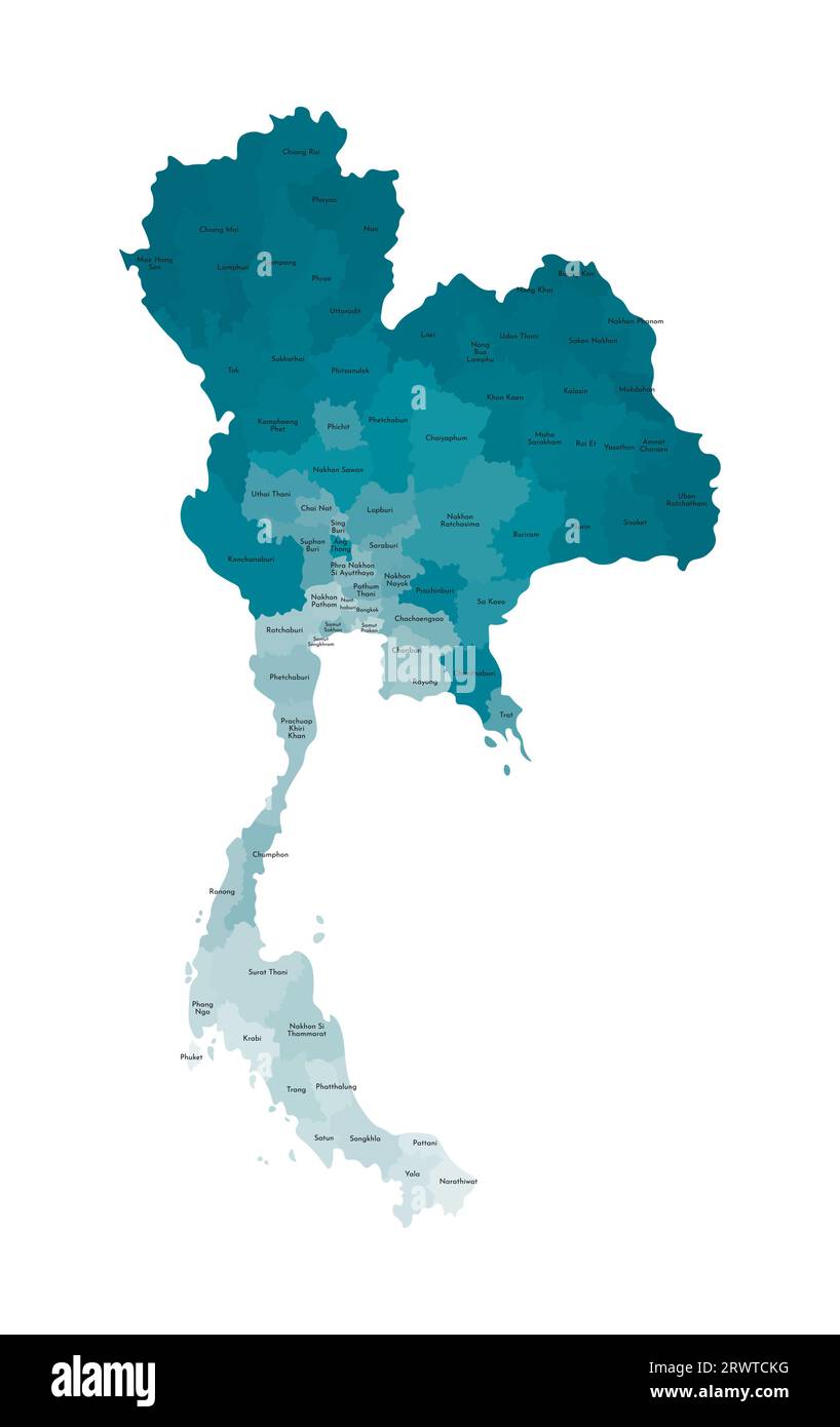 Vektorisolierte Darstellung einer vereinfachten Verwaltungskarte Thailands. Grenzen und Namen der Regionen. Farbenfrohe, khakifarbene Silhouetten. Stock Vektor