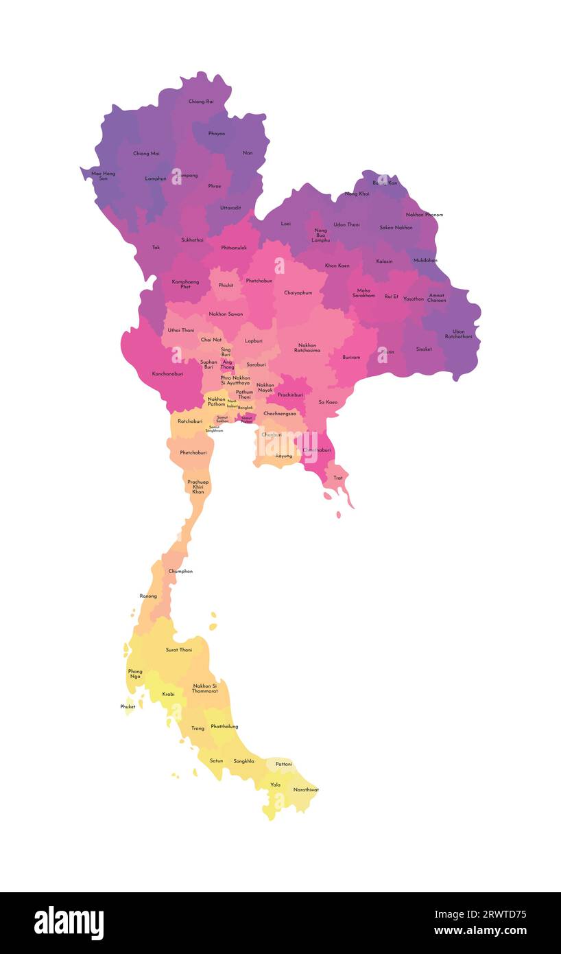 Vektorisolierte Darstellung einer vereinfachten Verwaltungskarte Thailands. Grenzen und Namen der Regionen. Mehrfarbige Silhouetten. Stock Vektor