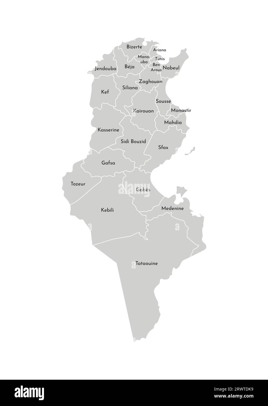 Vektorisolierte Darstellung einer vereinfachten Verwaltungskarte Tunesiens. Grenzen und Namen der Gouvernements (Regionen). Graue Silhouetten. Weiß raus Stock Vektor