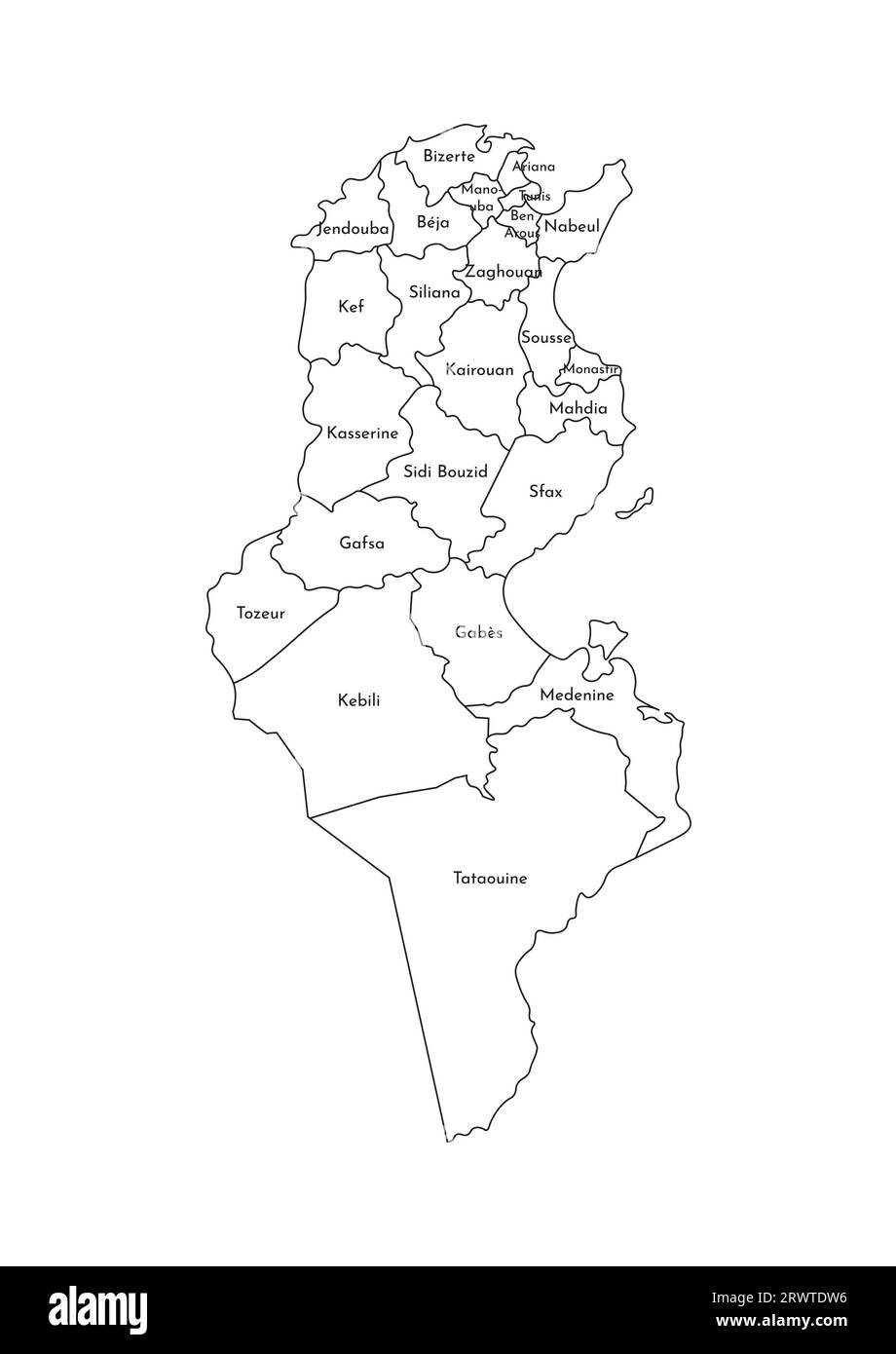 Vektorisolierte Darstellung einer vereinfachten Verwaltungskarte Tunesiens. Grenzen und Namen der Gouvernements (Regionen). Silhouetten mit schwarzen Linien. Stock Vektor