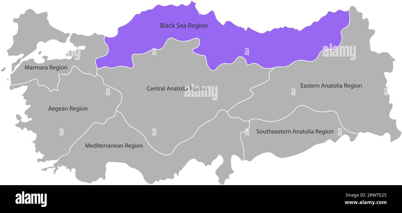 Vektor-isolierte vereinfachte Karte der Türkei-Regionen. Markierte Schwarzmeerregion. Grenzen und Namen der Verwaltungsabteilungen. Graue Silhouetten, weißer Rücken Stock Vektor