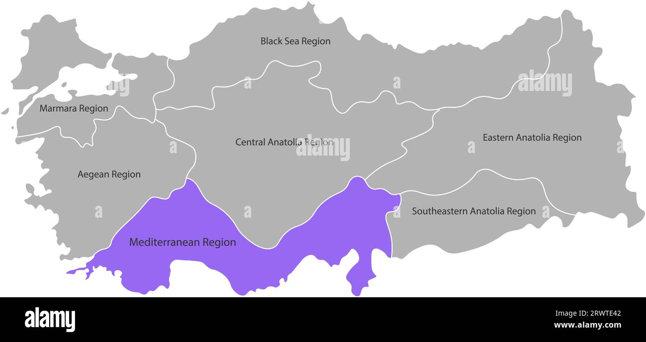 Vektor-isolierte vereinfachte Karte der Türkei-Regionen. Markierte Mittelmeerregion. Grenzen und Namen der Verwaltungsabteilungen. Graue Silhouetten, weiß Stock Vektor