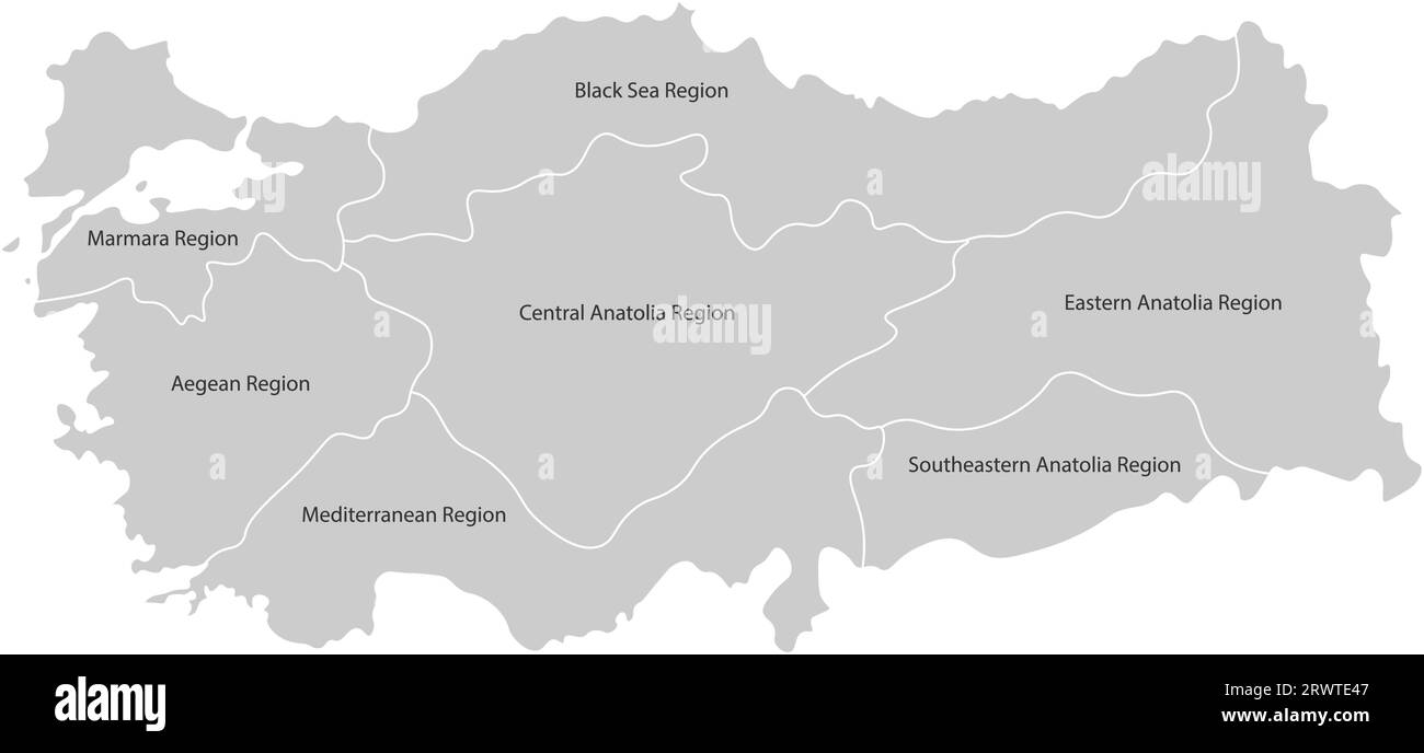 Vektor-isolierte vereinfachte Karte der Türkei-Regionen. Grenzen und Namen der Verwaltungsabteilungen. Graue Silhouetten, weißer Hintergrund Stock Vektor