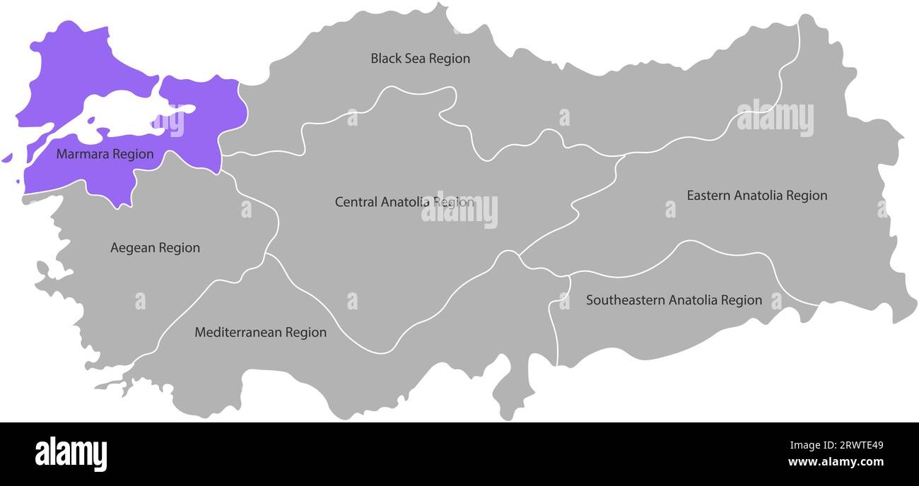 Vektor-isolierte vereinfachte Karte der Türkei-Regionen. Markierte Marmara Region. Grenzen und Namen der Verwaltungsabteilungen. Graue Silhouetten, weißer Hintergrund Stock Vektor