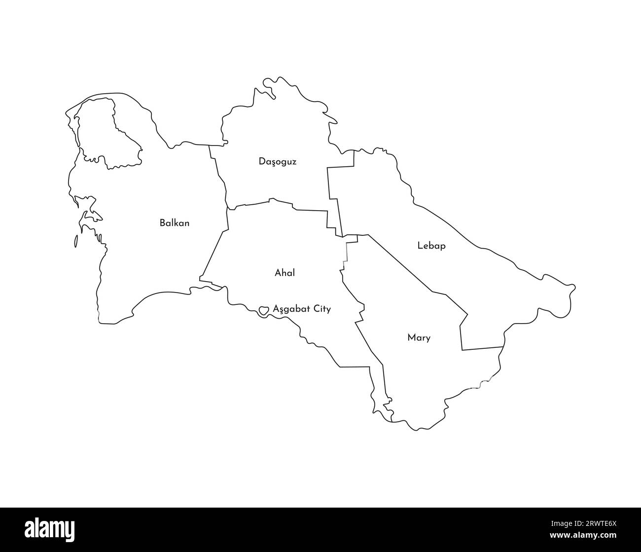 Vektorisolierte Darstellung einer vereinfachten Verwaltungskarte Turkmenistans. Grenzen und Namen der Bezirke (Regionen). Silhouetten mit schwarzen Linien. Stock Vektor