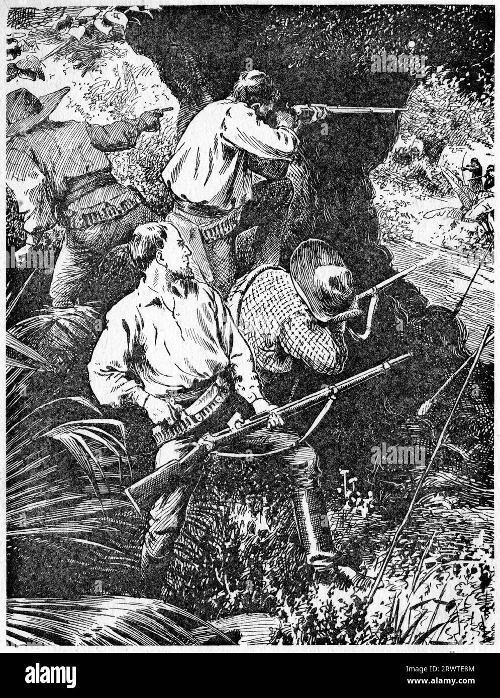 Illustration einer Gruppe europäischer Männer, die gegen nordamerikanische Indianer auf der anderen Seite eines Flusses kämpfen, um 1910 Stockfoto