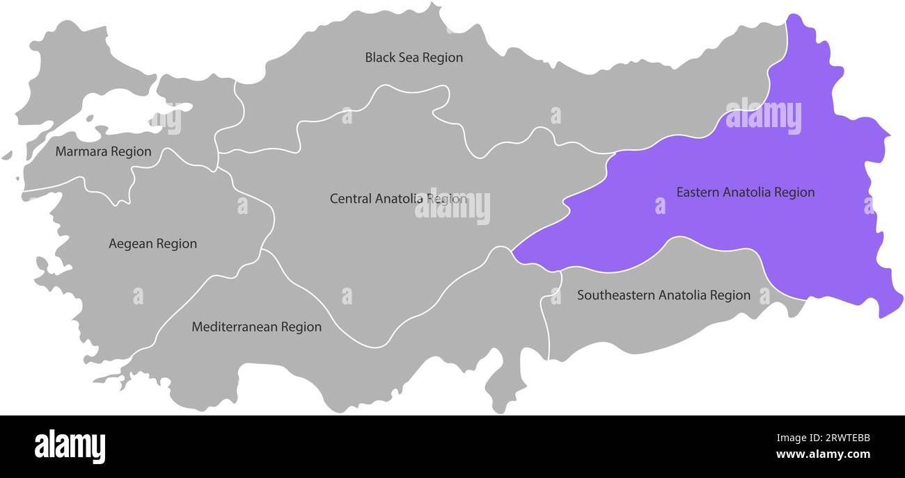 Vektor-isolierte vereinfachte Karte der Türkei-Regionen. Markierte Region Ostanatolien. Grenzen und Namen der Verwaltungsabteilungen. Graue Silhouetten, WHI Stock Vektor