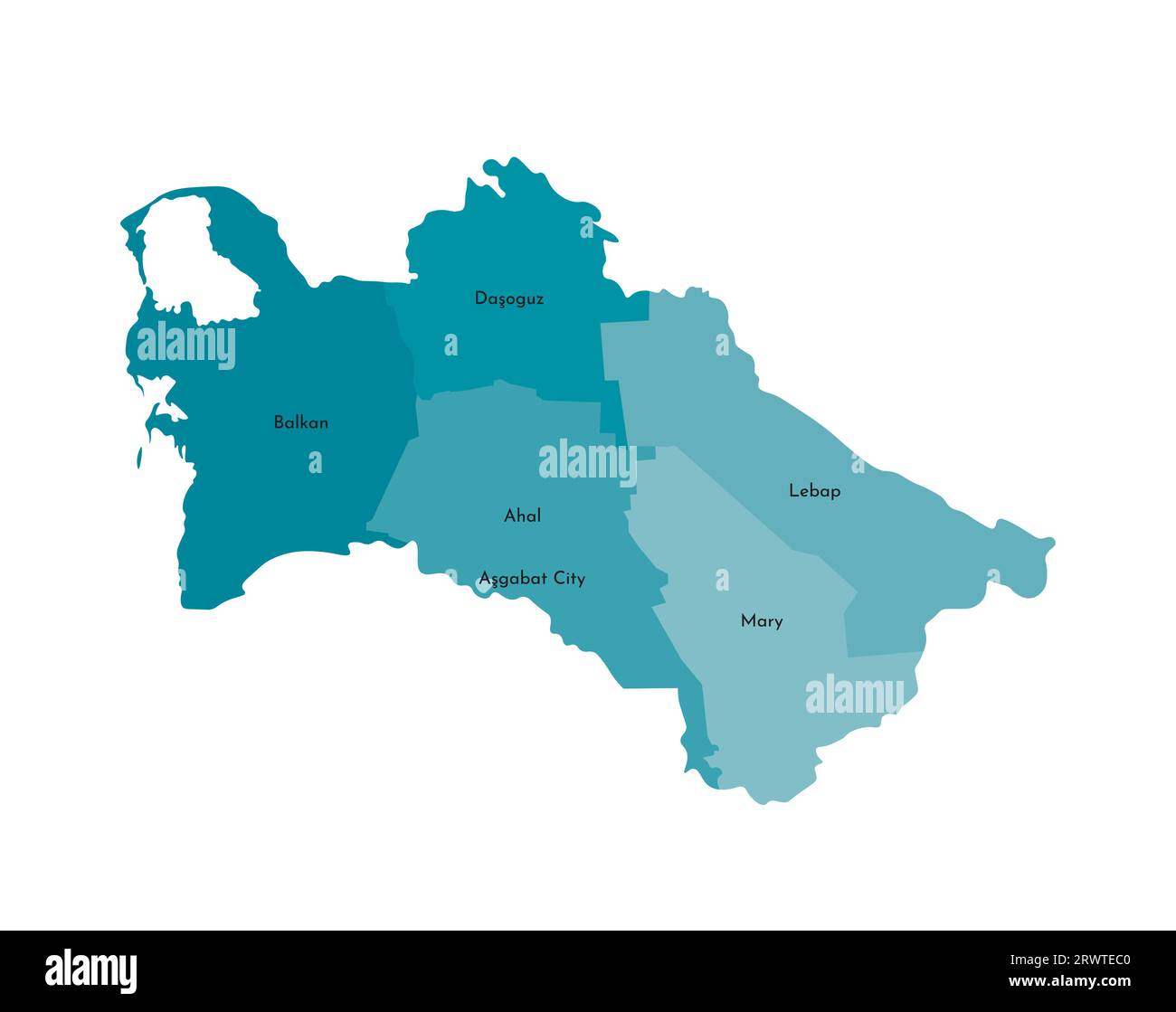 Vektorisolierte Darstellung einer vereinfachten Verwaltungskarte Turkmenistans. Grenzen und Namen der Bezirke (Regionen). Buntes blaues Khaki-Silh Stock Vektor