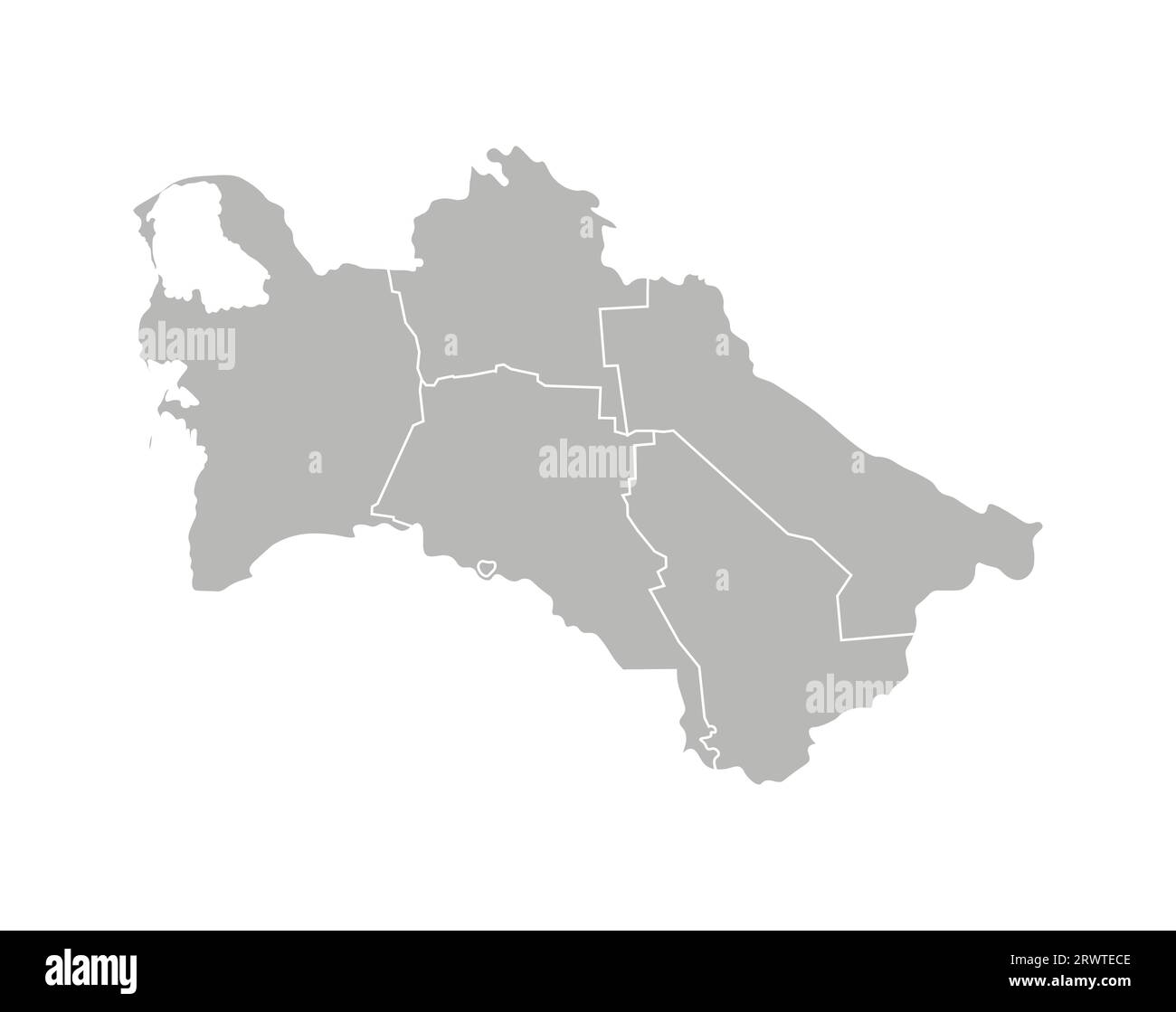 Vektorisolierte Darstellung einer vereinfachten Verwaltungskarte Turkmenistans. Grenzen der Bezirke (Regionen). Graue Silhouetten. Weiße Umrandung. Stock Vektor