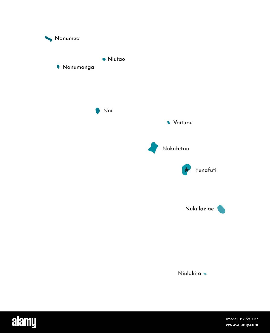 Vektor-isolierte Illustration der vereinfachten Karte von Tuvalu mit Namen der Inseln. Farbenfrohe, khakifarbene Silhouetten. Stock Vektor