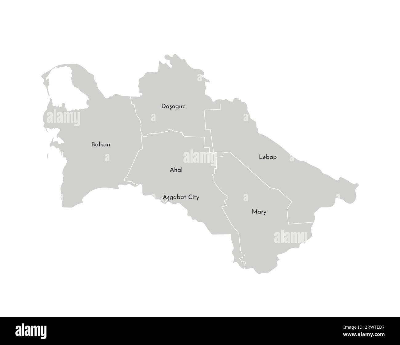 Vektorisolierte Darstellung einer vereinfachten Verwaltungskarte Turkmenistans. Grenzen und Namen der Bezirke (Regionen). Graue Silhouetten. Weiß o Stock Vektor