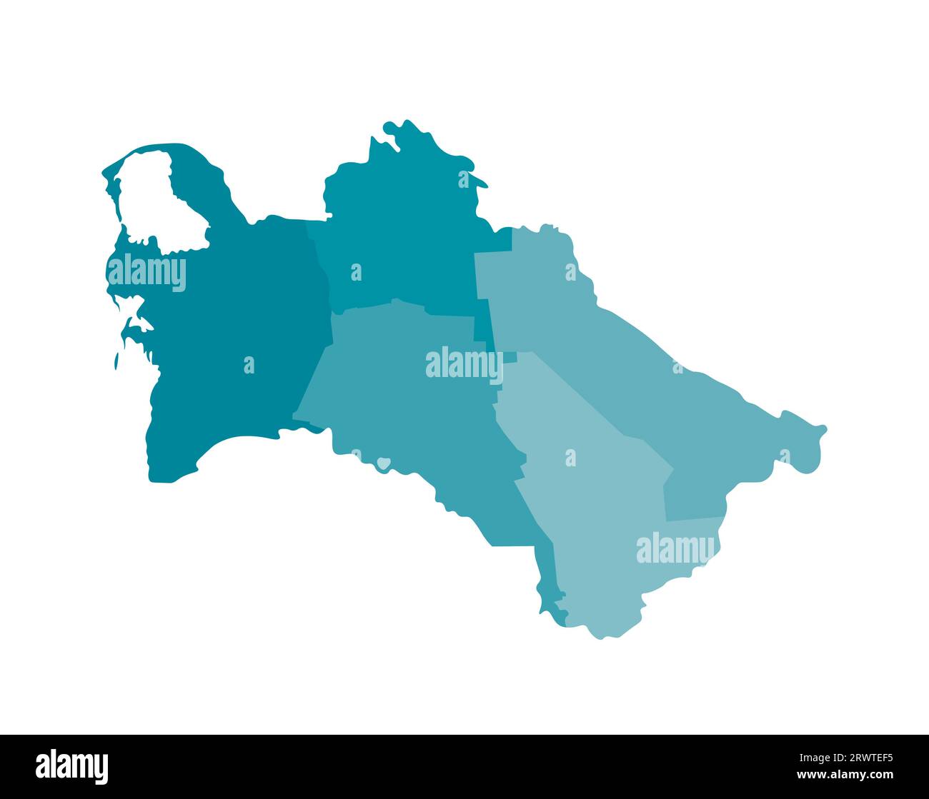 Vektorisolierte Darstellung einer vereinfachten Verwaltungskarte Turkmenistans. Grenzen der Bezirke (Regionen). Farbenfrohe, khakifarbene Silhouetten. Stock Vektor