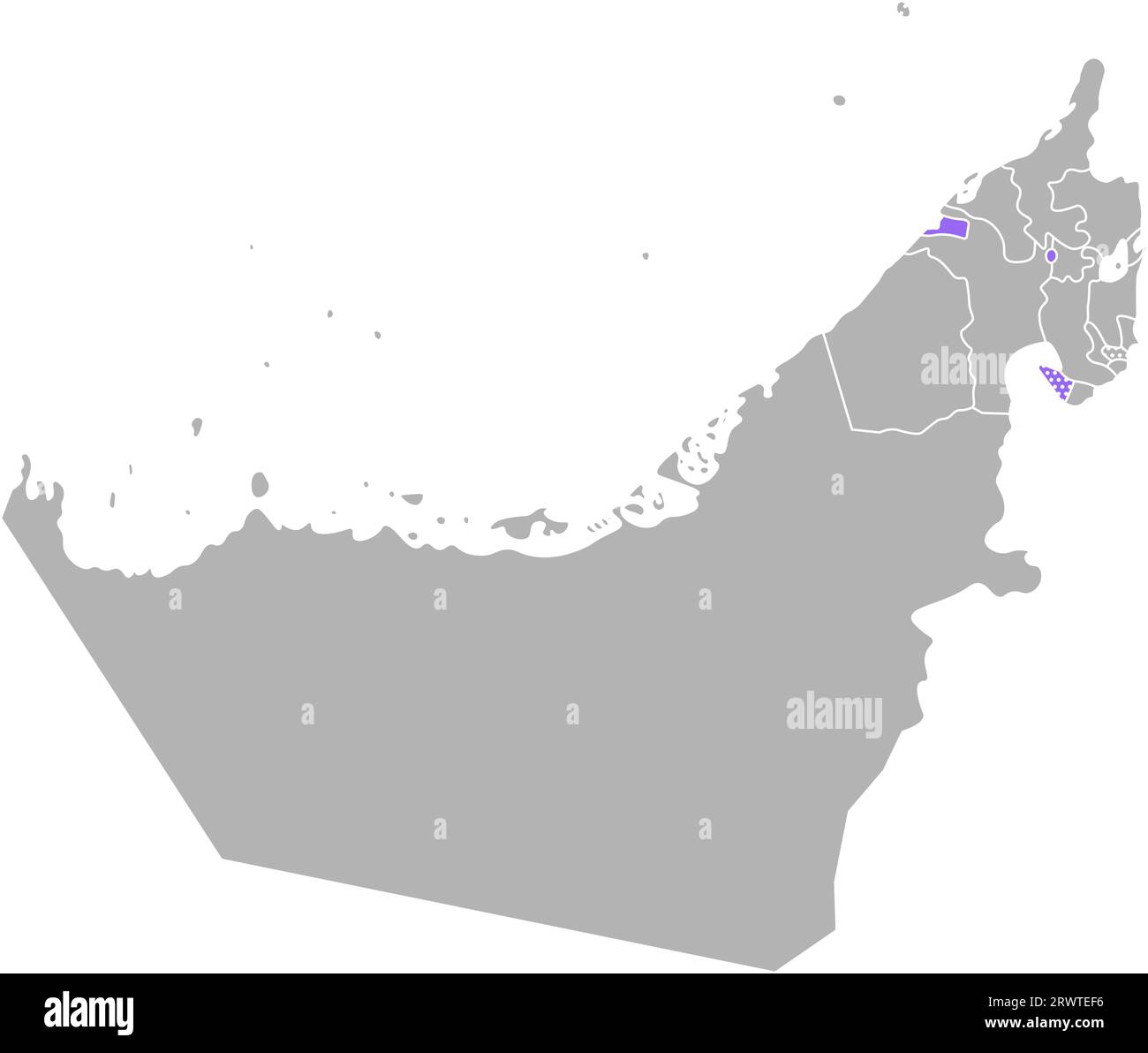 Vektor isolierte vereinfachte bunte Illustration mit grauer Silhouette der Vereinigten Arabischen Emirate (VAE), violetter Kontur der Ajman-Region und weißer Umrandung Stock Vektor