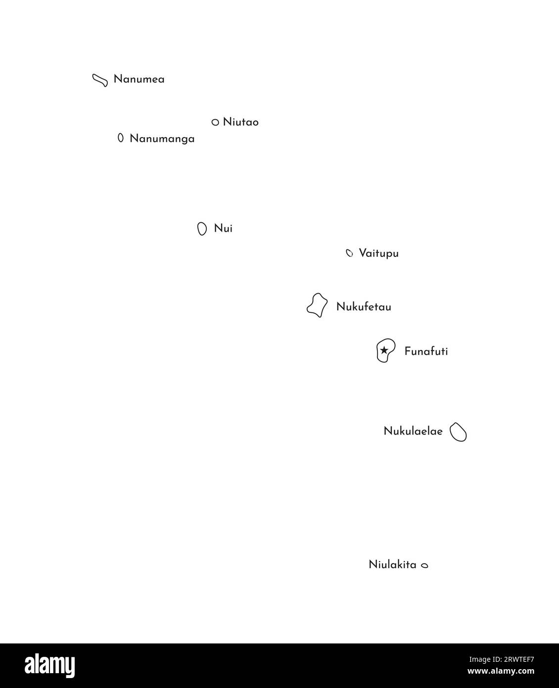 Vektor-isolierte Illustration der vereinfachten Karte von Tuvalu mit Namen der Inseln. Silhouetten mit schwarzen Linien. Stock Vektor