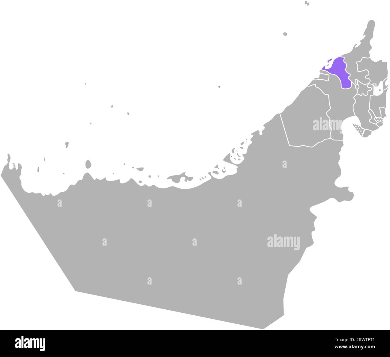 Vektor isolierte vereinfachte bunte Illustration mit grauer Silhouette der Vereinigten Arabischen Emirate (VAE), violetter Kontur der Umm Al Quwain Region und weiß Stock Vektor