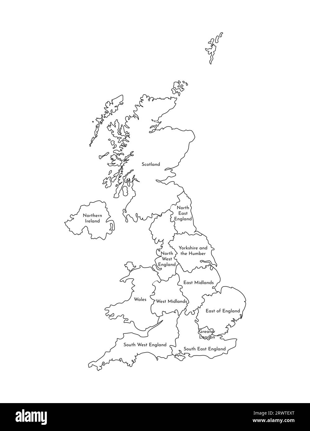 Vektor-isolierte Illustration einer vereinfachten Verwaltungskarte des Vereinigten Königreichs Großbritannien und Nordirland. Rahmen und Namen des Re Stock Vektor