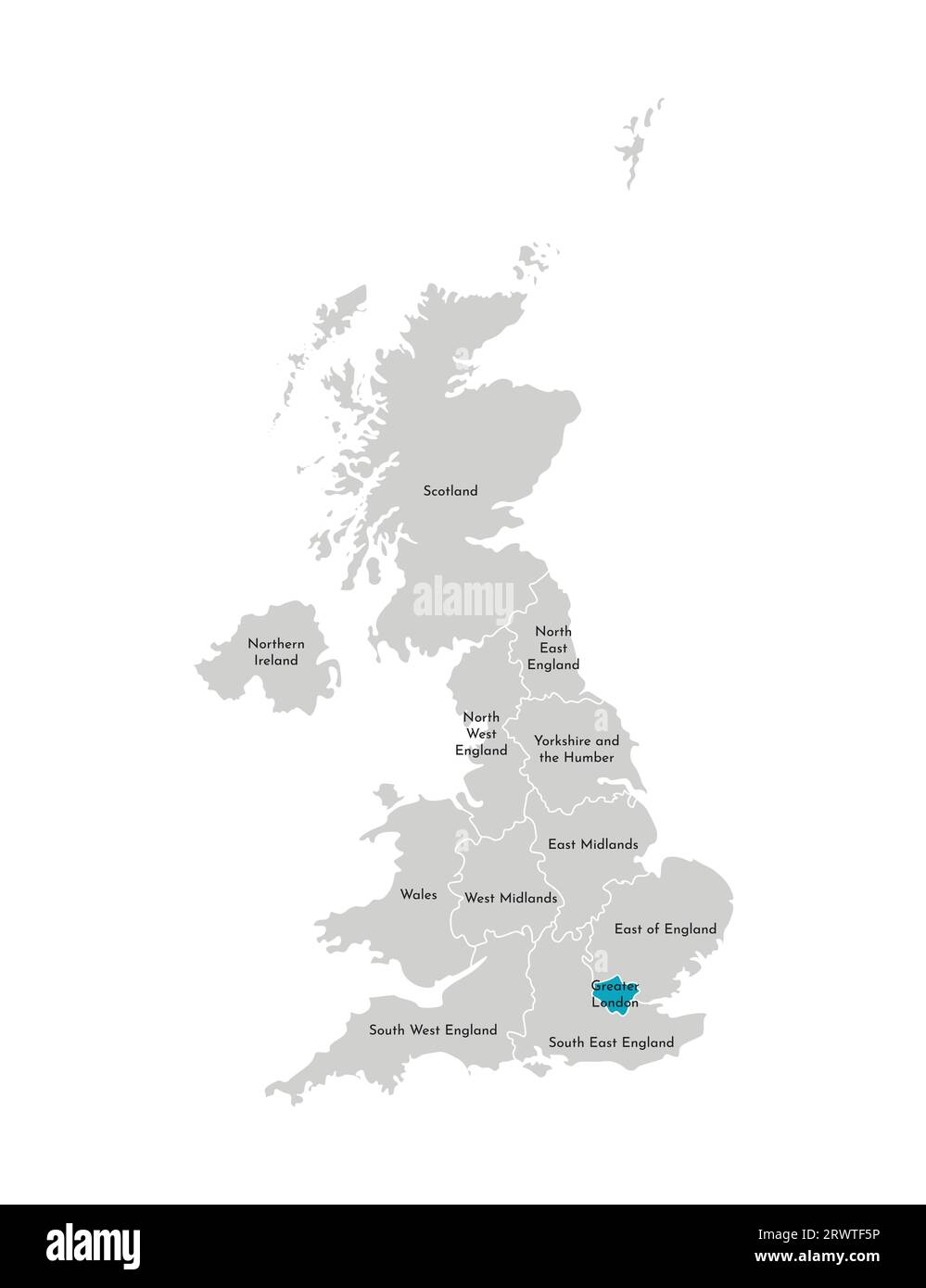 Vektor-isolierte Illustration einer vereinfachten Verwaltungskarte des Vereinigten Königreichs (UK). Blaue Form von Greater London. Grenzen und Namen der regio Stock Vektor