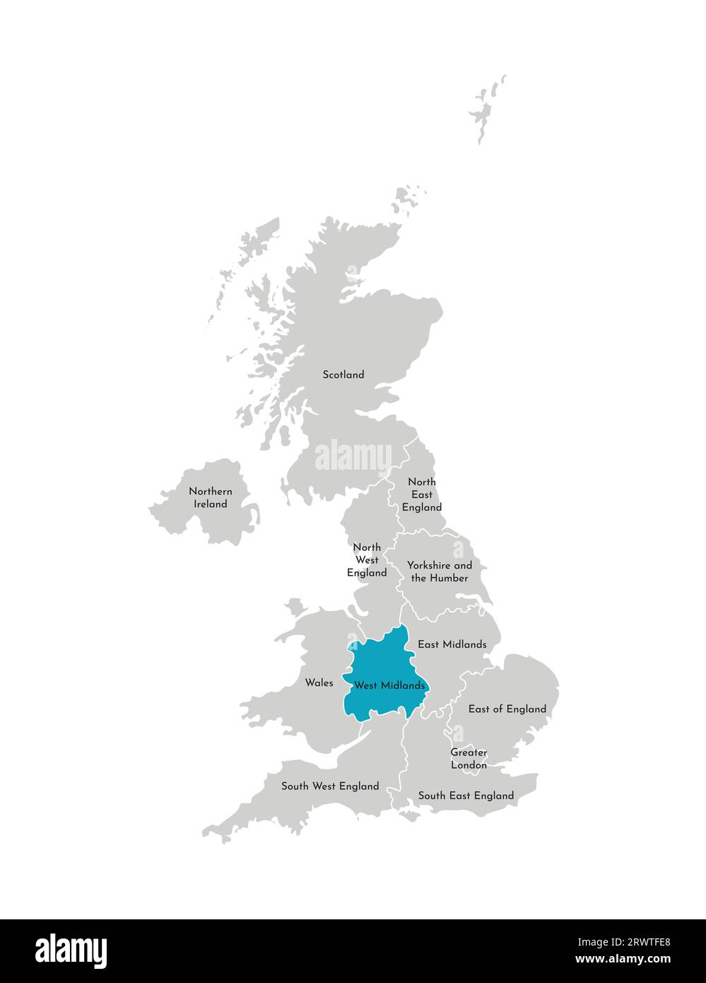 Vektor-isolierte Illustration einer vereinfachten Verwaltungskarte des Vereinigten Königreichs (UK). Blaue Form der West Midlands. Grenzen und Namen der Region Stock Vektor