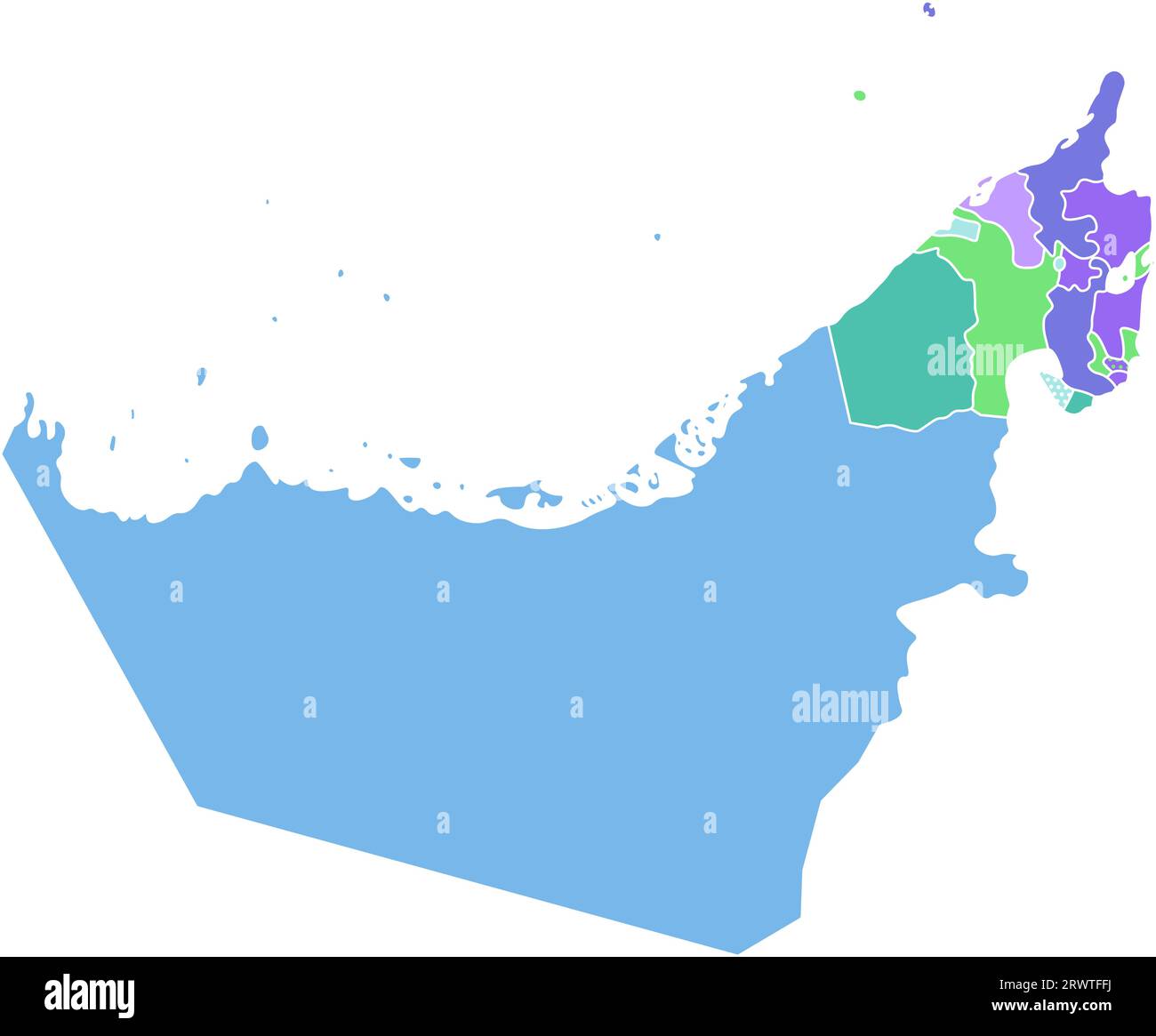 Vektor isolierte vereinfachte bunte Illustration mit Silhouette Festland der Vereinigten Arabischen Emirate (VAE) und emirate Grenzen. Weißer Hintergrund Stock Vektor