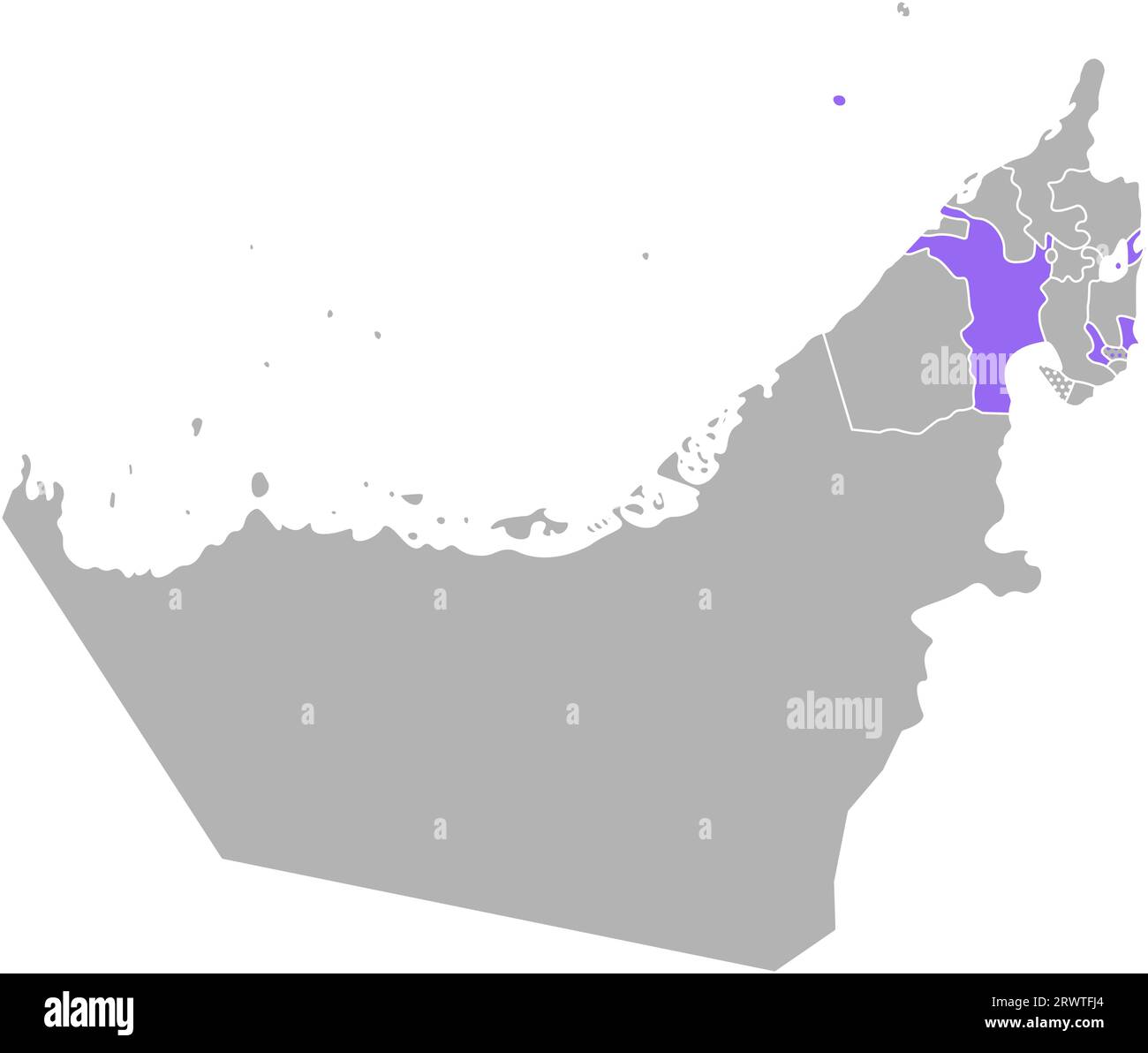 Vektor isolierte vereinfachte bunte Illustration mit grauer Silhouette der Vereinigten Arabischen Emirate (VAE), violetter Kontur der Sharjah-Region und weißem Outlin Stock Vektor
