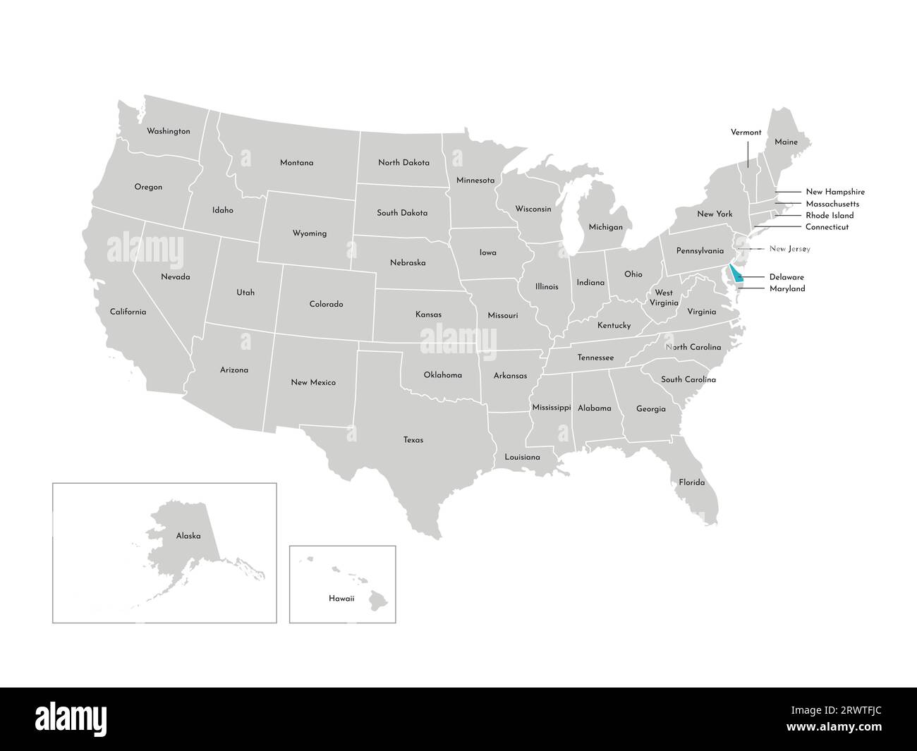 Vektor-isolierte Illustration einer vereinfachten Verwaltungskarte der USA. Grenzen der staaten mit Namen. Blaue Silhouette von Delaware (Staat). Stock Vektor