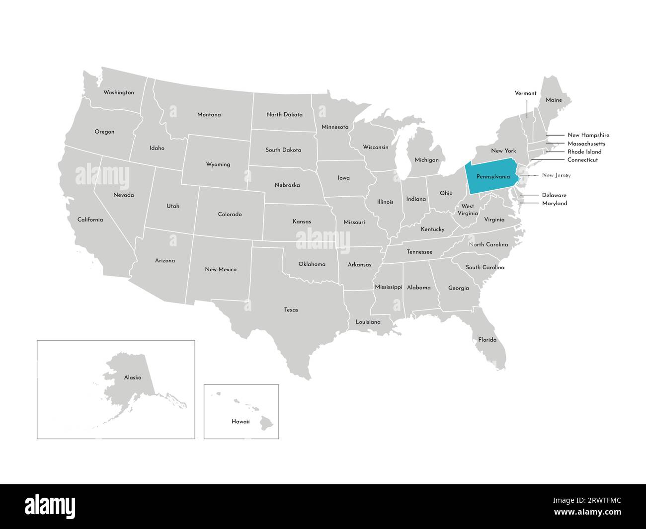 Vektor-isolierte Illustration einer vereinfachten Verwaltungskarte der USA. Grenzen der staaten mit Namen. Blaue Silhouette von Pennsylvania (Bundesstaat). Stock Vektor