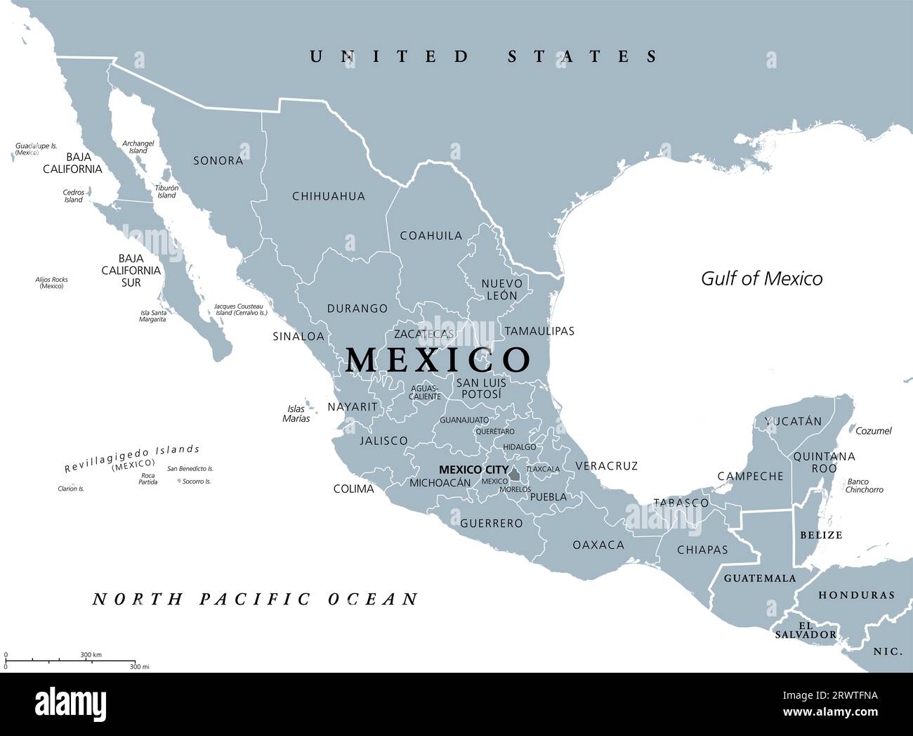 Mexikanische Bundesstaaten, graue politische Landkarte. Die Vereinigten Mexikanischen Staaten, ein Land im südlichen Teil Nordamerikas. Bundesrepublik Deutschland. Stockfoto