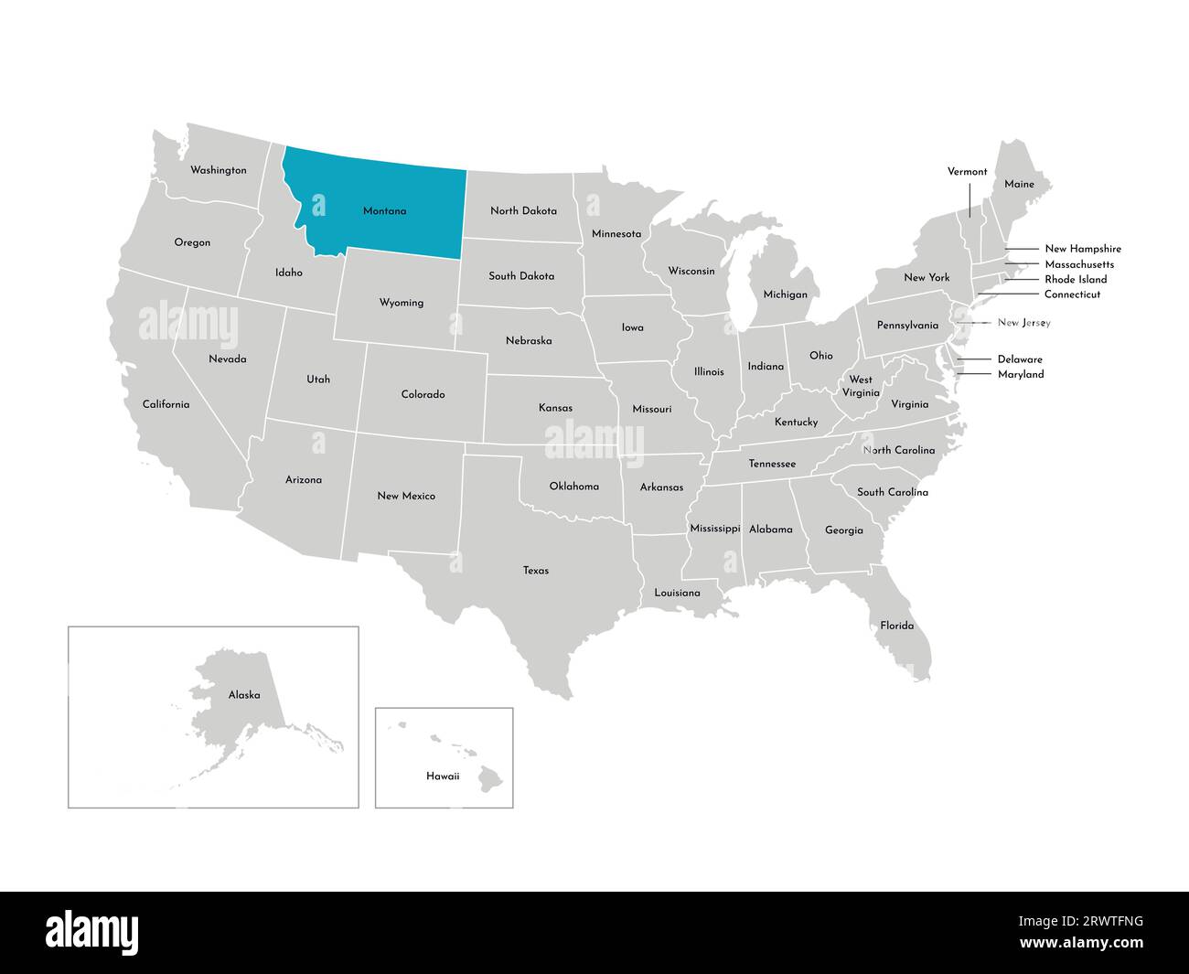 Vektor-isolierte Illustration einer vereinfachten Verwaltungskarte der USA. Grenzen der staaten mit Namen. Blaue Silhouette von Montana (Bundesstaat). Stock Vektor