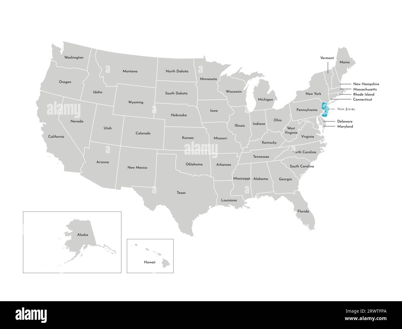 Vektor-isolierte Illustration einer vereinfachten Verwaltungskarte der USA. Grenzen der staaten mit Namen. Blaue Silhouette von New Jersey (Bundesstaat). Stock Vektor
