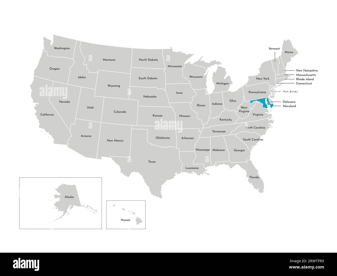 Vektor-isolierte Illustration einer vereinfachten Verwaltungskarte der USA. Grenzen der staaten mit Namen. Blaue Silhouette von Maryland (Bundesstaat). Stock Vektor