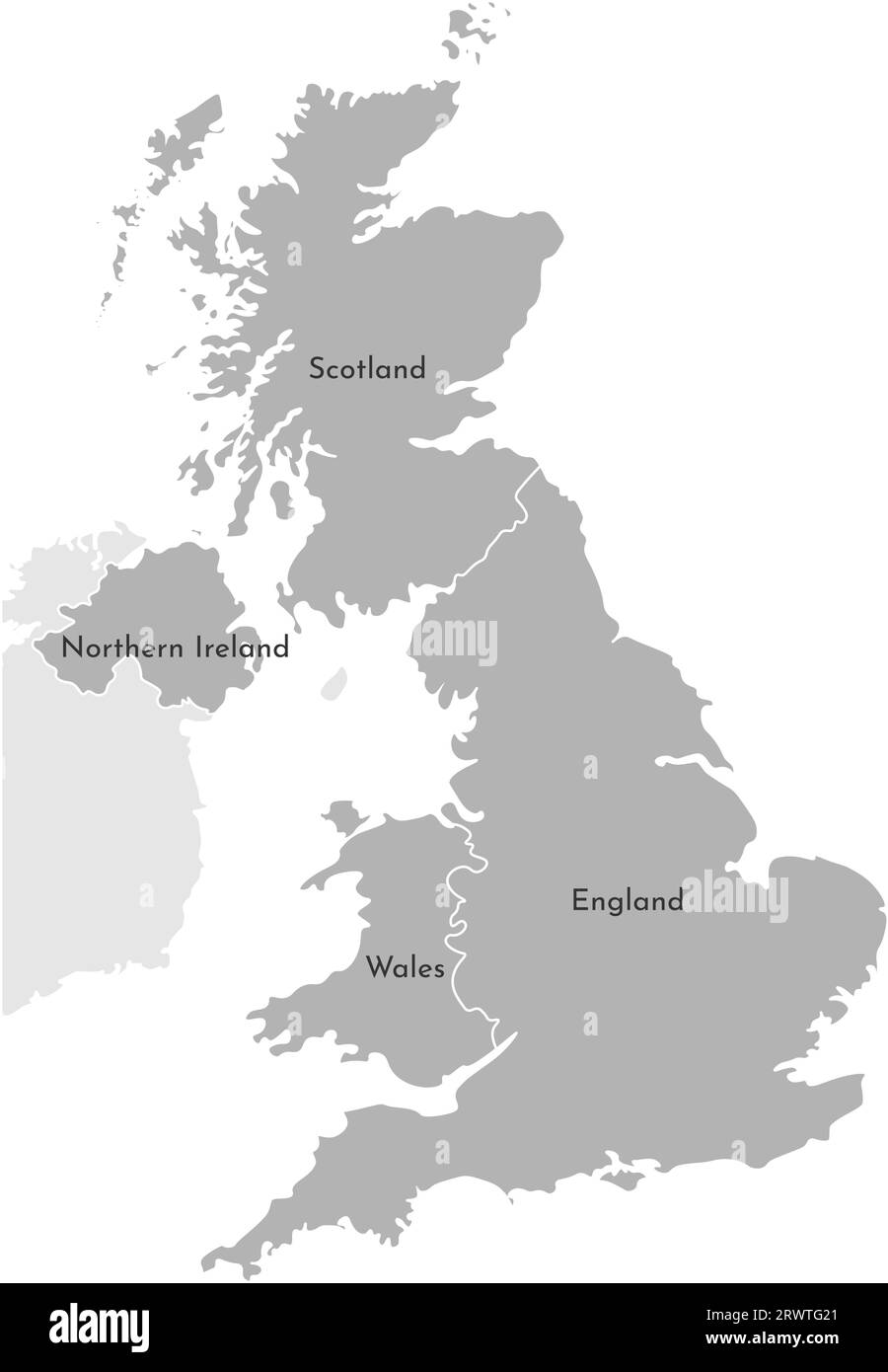 Vektor-isolierte vereinfachte Karte. Graue Silhouette der britischen Provinzen. Grenze der Verwaltungsabteilung - Schottland, Wales, England, Nordirland. W Stock Vektor
