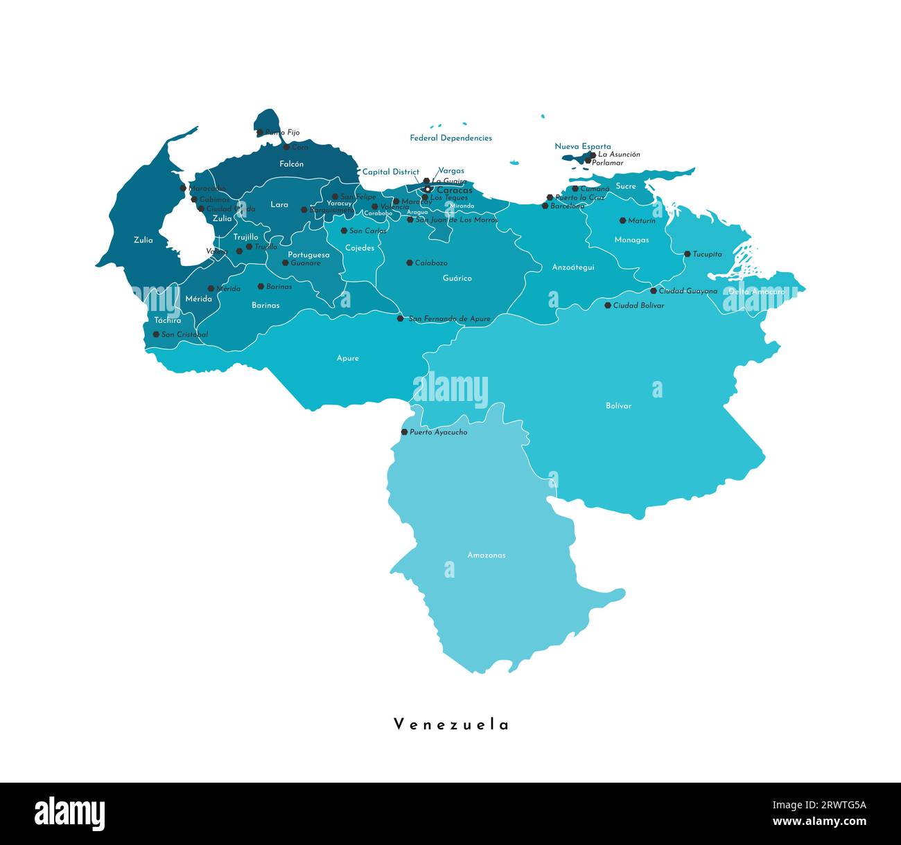 Vektor-isolierte Abbildung. Vereinfachte Verwaltungskarte Venezuelas. Blaue Formen, weißer Hintergrund und Konturen. Namen venezolanischer Städte und Städte Stock Vektor