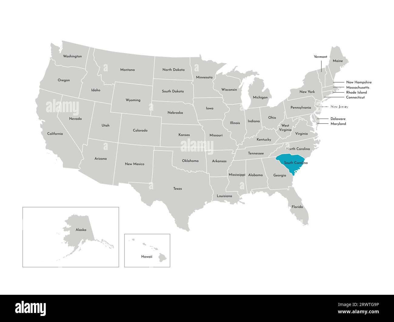 Vektor-isolierte Illustration einer vereinfachten Verwaltungskarte der USA. Grenzen der staaten mit Namen. Blaue Silhouette von South Carolina (Bundesstaat). Stock Vektor