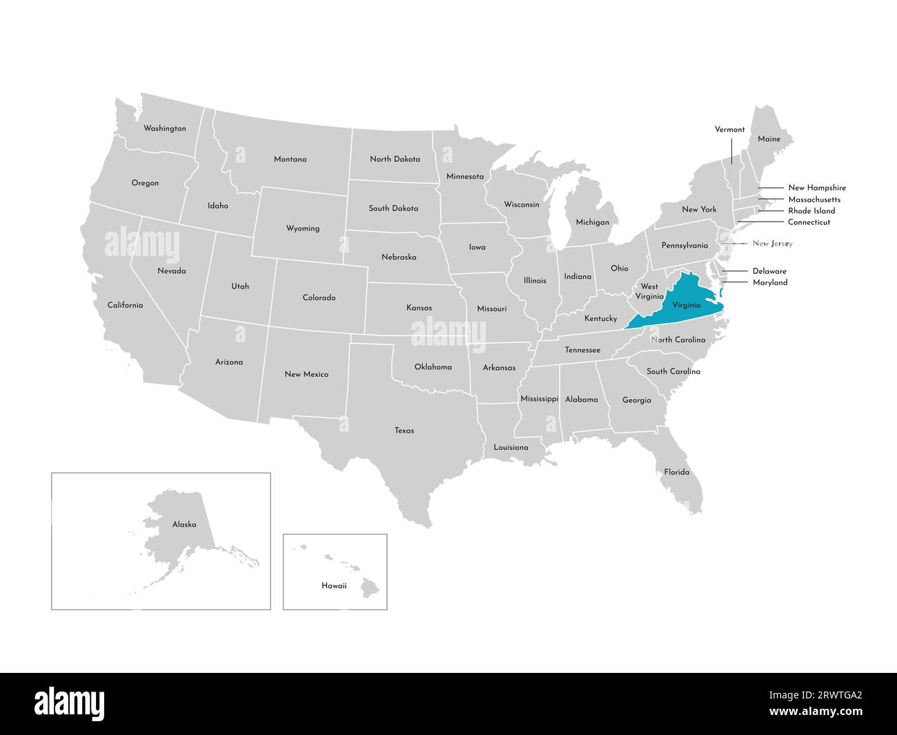 Vektor-isolierte Illustration einer vereinfachten Verwaltungskarte der USA. Grenzen der staaten mit Namen. Blaue Silhouette von Virginia (Bundesstaat). Stock Vektor