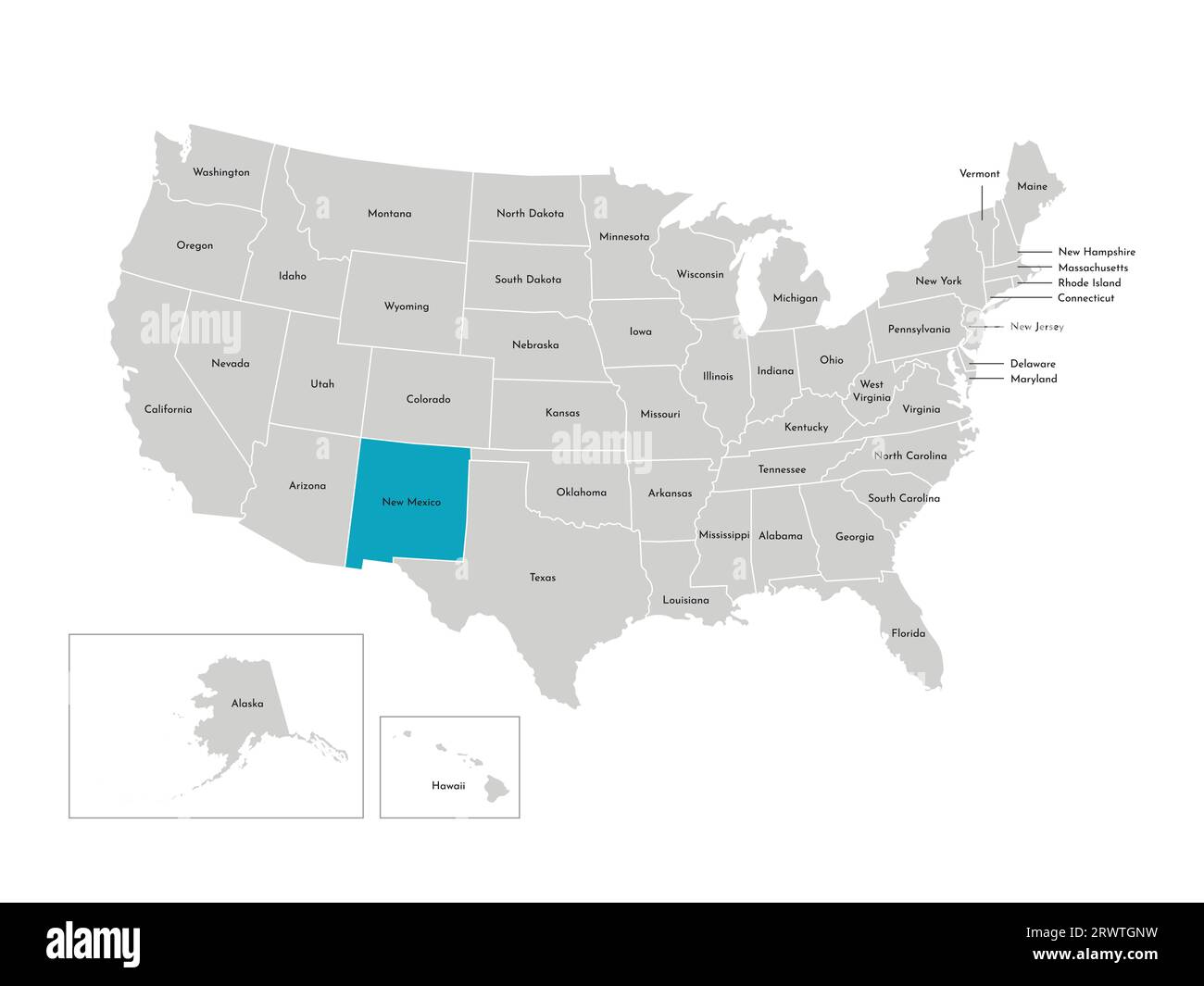 Vektor-isolierte Illustration einer vereinfachten Verwaltungskarte der USA. Grenzen der staaten mit Namen. Blaue Silhouette von New Mexico (Bundesstaat). Stock Vektor